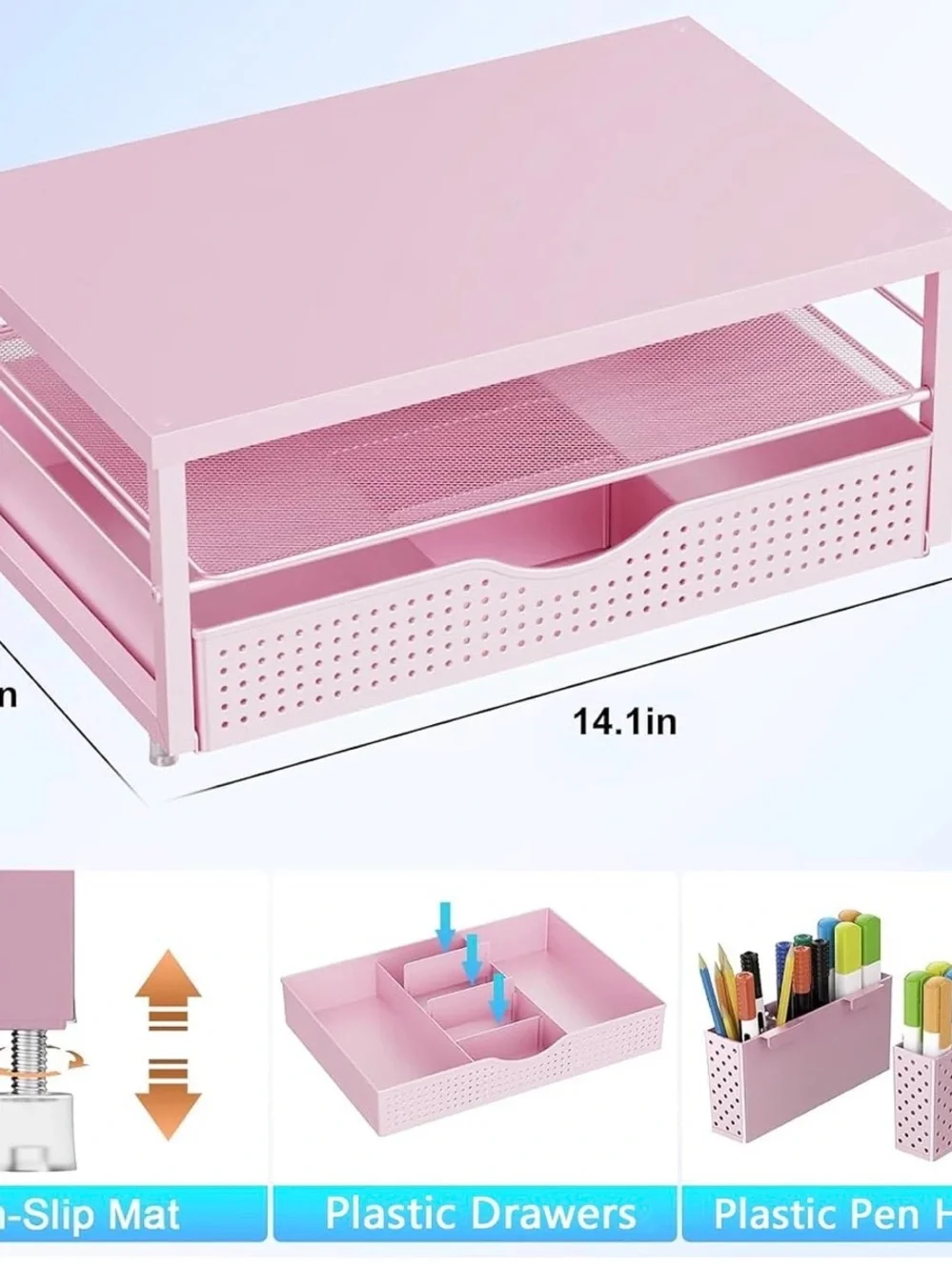 Pink Desktop Monitor Riser with Storage - Home Office Organizer
